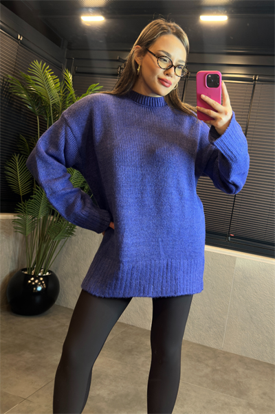 Mavi Oversize Bisiklet Yaka Yumoş Uzun Kazak