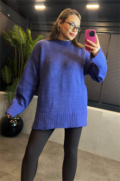 Mavi Oversize Bisiklet Yaka Yumoş Uzun Kazak