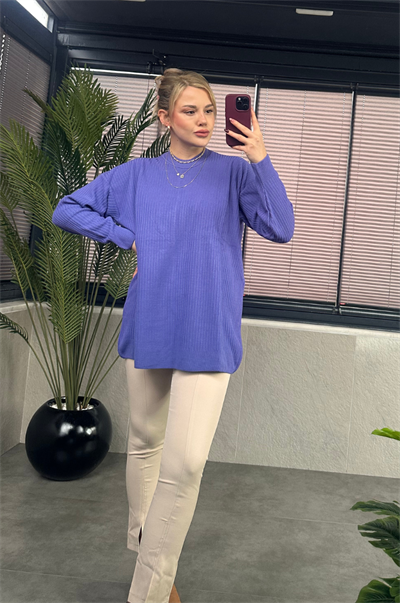 Mavi Yarı Boğazlı Fitilli Oversize Kazak