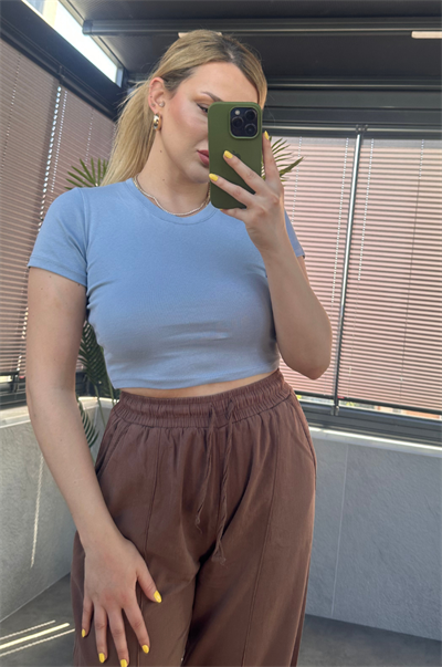 Mavi Yarım Kollu Slim Basic Crop 