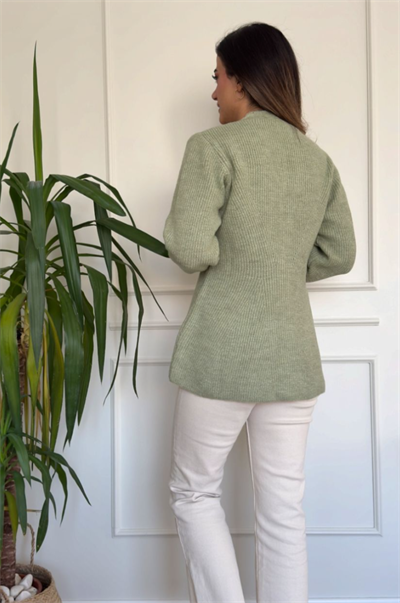 Mint Yeşili Belden Oturmalı Düğmeli Yumoş Hırka