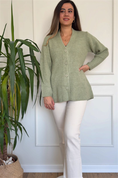 Mint Yeşili Belden Oturmalı Düğmeli Yumoş Hırka