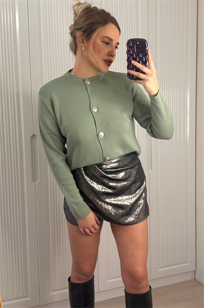 Mint Yeşili Gümüş Düğmeli Hırka