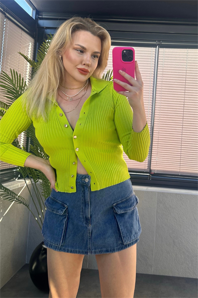 Neon Yeşil Fitilli Likralı İnce Triko