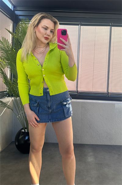 Neon Yeşil Fitilli Likralı İnce Triko