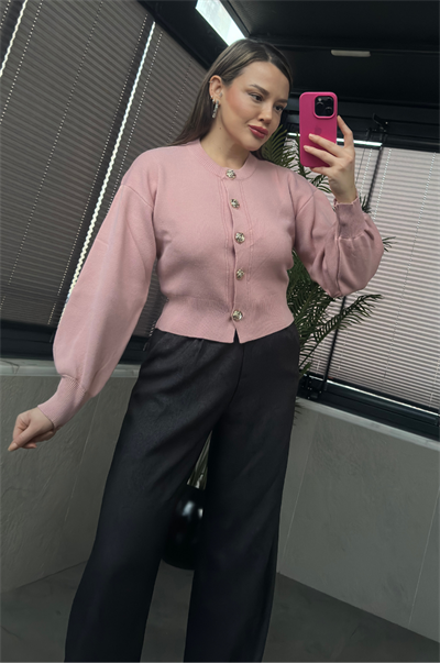 Pembe Balon Kollu Çiçek Düğme Detaylı Kısa Hırka