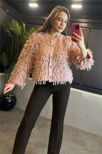Pembe Bisiklet Yaka Saçaklı Hırka