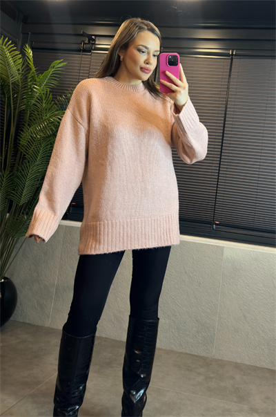 Pembe Oversize Bisiklet Yaka Yumoş Uzun Kazak