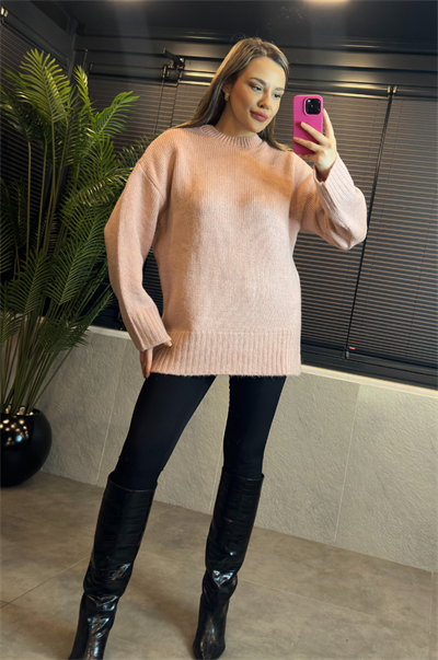 Pembe Oversize Bisiklet Yaka Yumoş Uzun Kazak