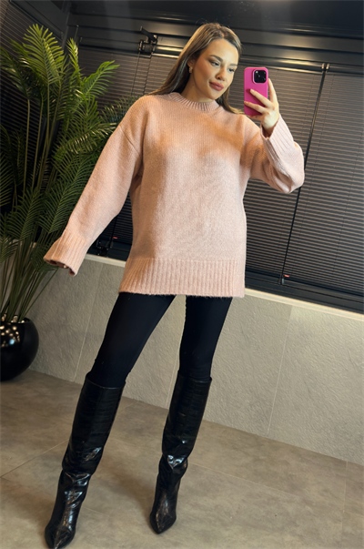 Pembe Oversize Bisiklet Yaka Yumoş Uzun Kazak