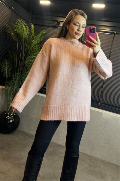 Pembe Oversize Bisiklet Yaka Yumoş Uzun Kazak