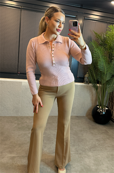 Pembe Polo Yaka Çıt Çıt Düğmeli Triko Kazak