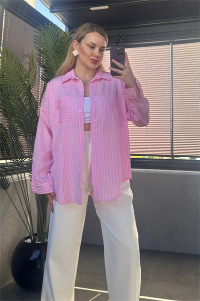 Pembe Tek Cepli Çizgili Oversize Modal Gömlek
