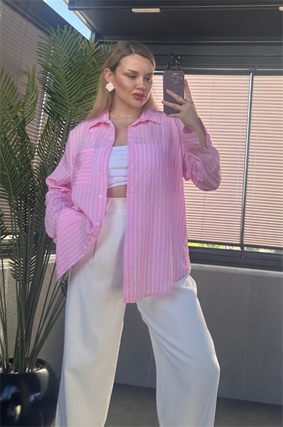 Pembe Tek Cepli Çizgili Oversize Modal Gömlek