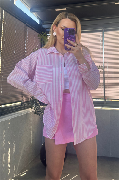 Pembe Tek Cepli Çizgili Oversize Modal Keten Gömlek