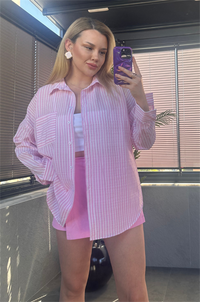 Pembe Tek Cepli Çizgili Oversize Modal Keten Gömlek