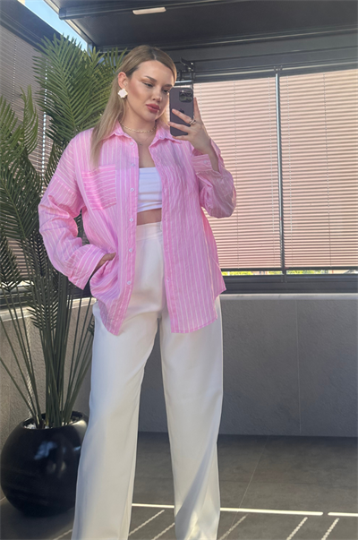 Pembe Tek Cepli Çizgili Oversize Modal Gömlek
