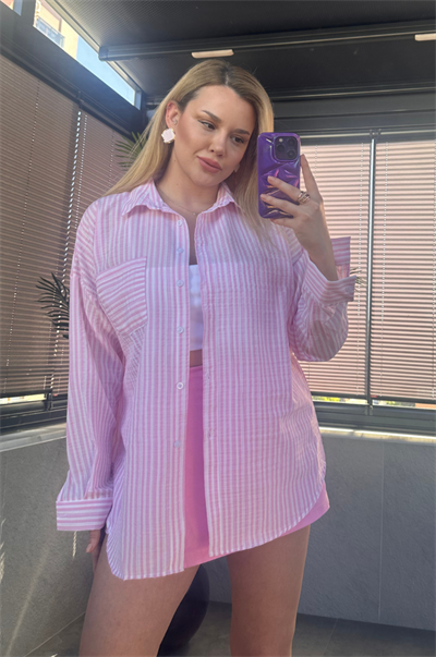 Pembe Tek Cepli Çizgili Oversize Modal Keten Gömlek