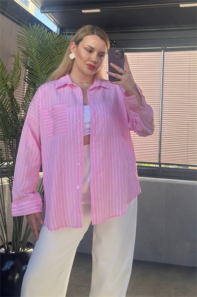 Pembe Tek Cepli Çizgili Oversize Modal Gömlek
