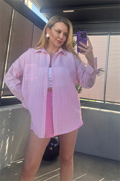 Pembe Tek Cepli Çizgili Oversize Modal Keten Gömlek