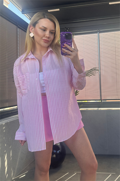 Pembe Tek Cepli Çizgili Oversize Modal Keten Gömlek