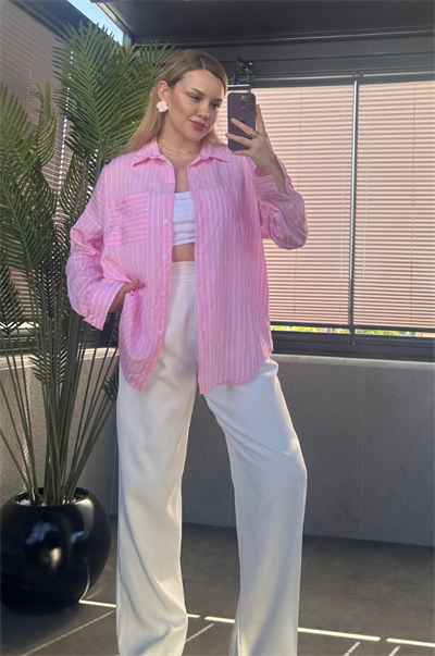 Pembe Tek Cepli Çizgili Oversize Modal Gömlek