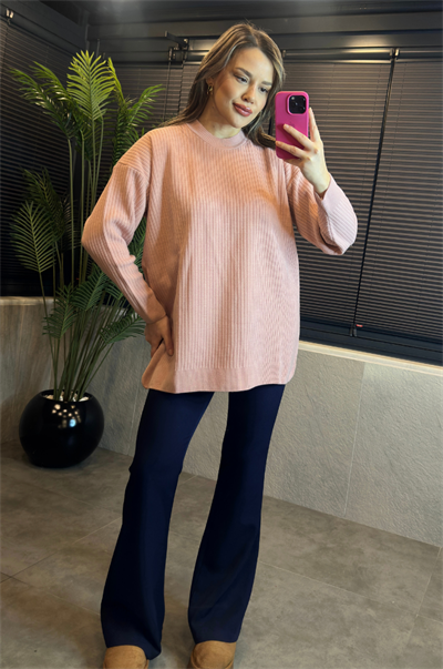 Pembe Yarı Boğazlı Fitilli Oversize Kazak 