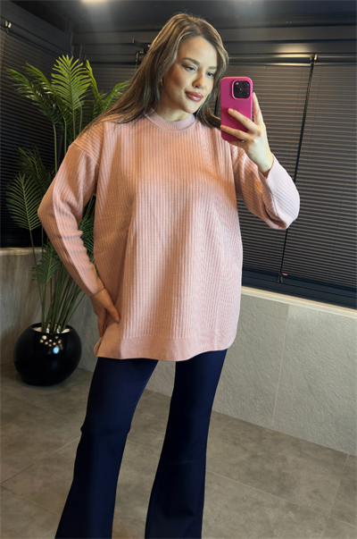 Pembe Yarı Boğazlı Fitilli Oversize Kazak 