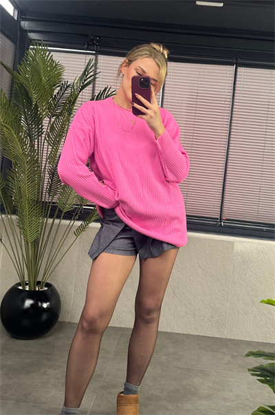 Açık Pembe Yarı Boğazlı Fitilli Oversize Kazak