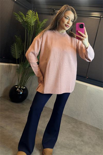 Pembe Yarı Boğazlı Fitilli Oversize Kazak 