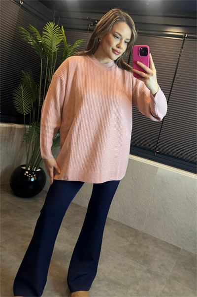 Pembe Yarı Boğazlı Fitilli Oversize Kazak 