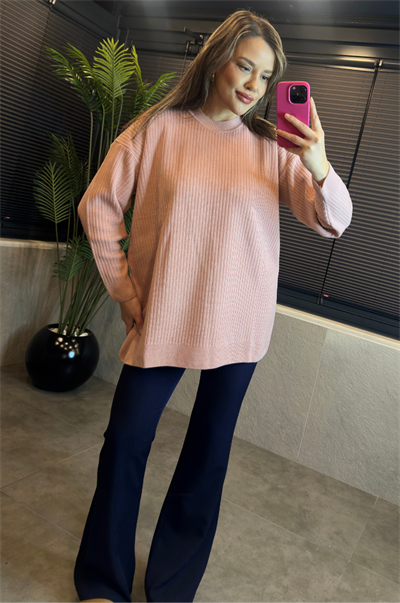 Pembe Yarı Boğazlı Fitilli Oversize Kazak 