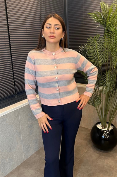 Pembe&Gri Çizgi Detaylı Hırka