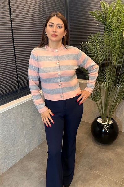Pembe&Gri Çizgi Detaylı Hırka