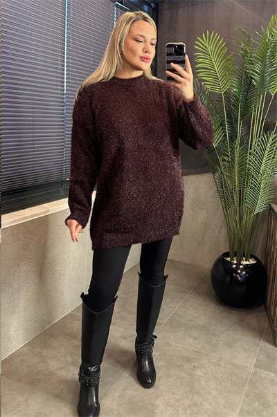 Premium Işıltı Bordo Oversize Sakallı Kazak