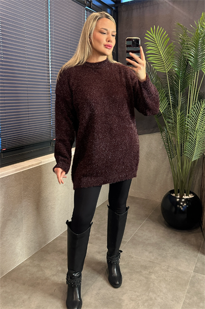 Premium Işıltı Bordo Oversize Sakallı Kazak