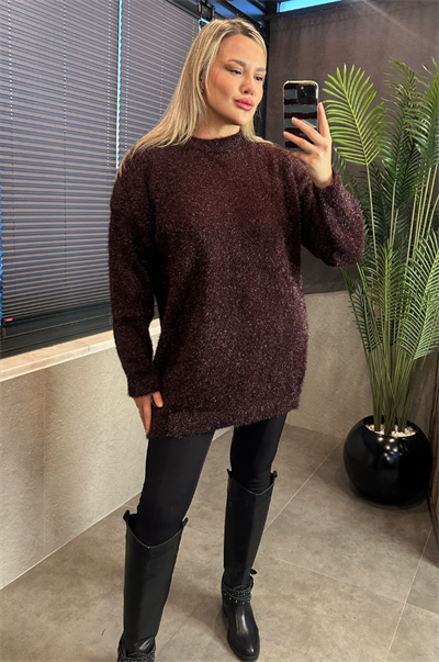 Premium Işıltı Bordo Oversize Sakallı Kazak