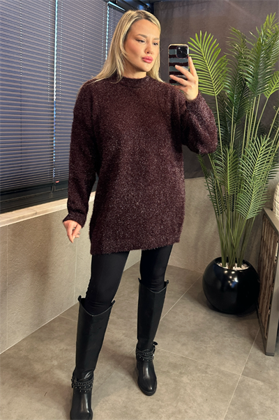 Premium Işıltı Bordo Oversize Sakallı Kazak