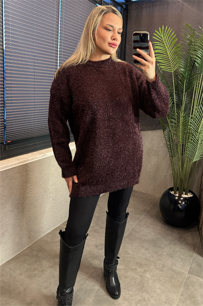 Premium Işıltı Bordo Oversize Sakallı Kazak