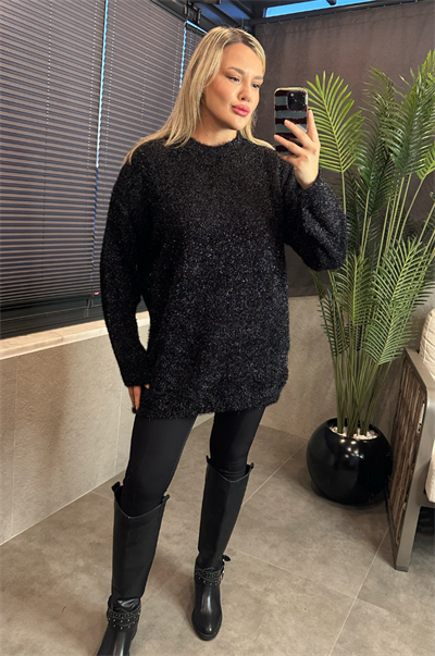 Premium Işıltı Siyah Oversize Sakallı Kazak