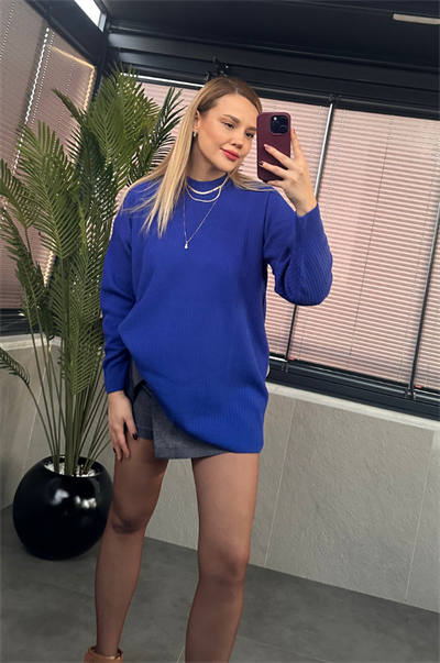 Saks Mavi Yarı Boğazlı Fitilli Oversize Kazak