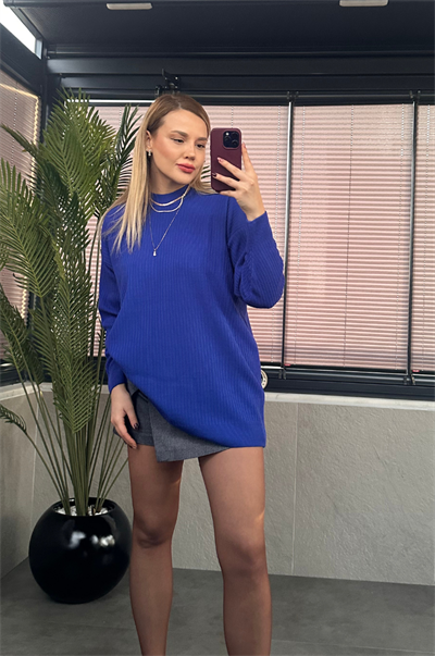 Saks Mavi Yarı Boğazlı Fitilli Oversize Kazak