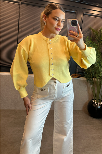 Sarı Fit Kesim Crop Hırka