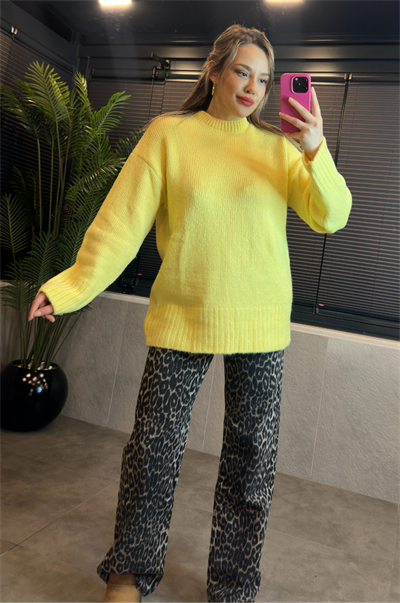 Sarı Oversize Bisiklet Yaka Yumoş Uzun Kazak