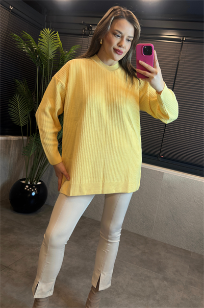 Sarı Yarı Boğazlı Fitilli Oversize Kazak 