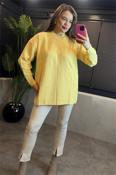 Sarı Yarı Boğazlı Fitilli Oversize Kazak 