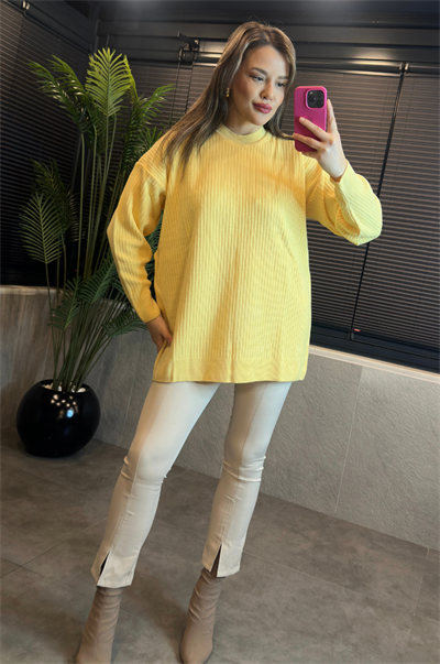 Sarı Yarı Boğazlı Fitilli Oversize Kazak 