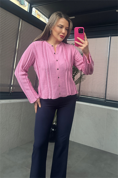 Simli İnce Dokuma Detaylı Koyu Pembe Triko Hırka