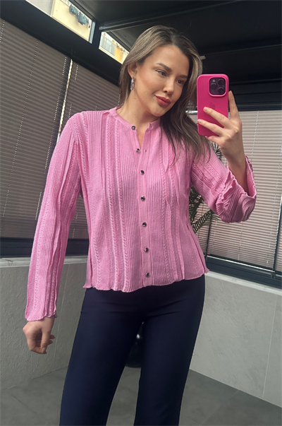 Simli İnce Dokuma Detaylı Koyu Pembe Triko Hırka