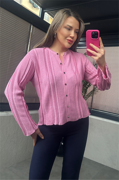 Simli İnce Dokuma Detaylı Koyu Pembe Triko Hırka